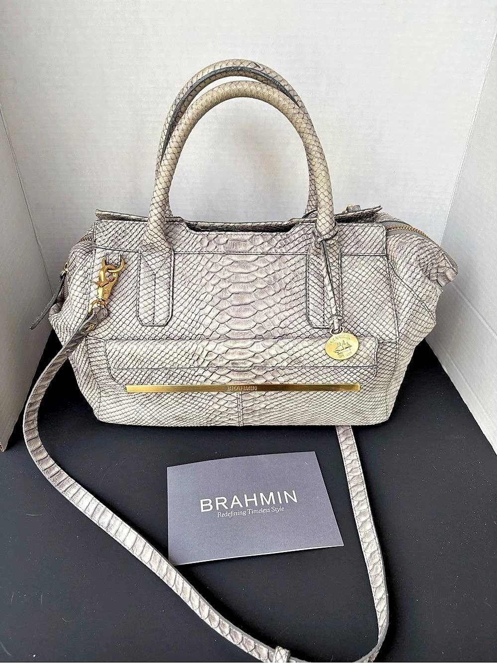 Brahmin Snakeskin-Embossed Satchel in Gray & White
